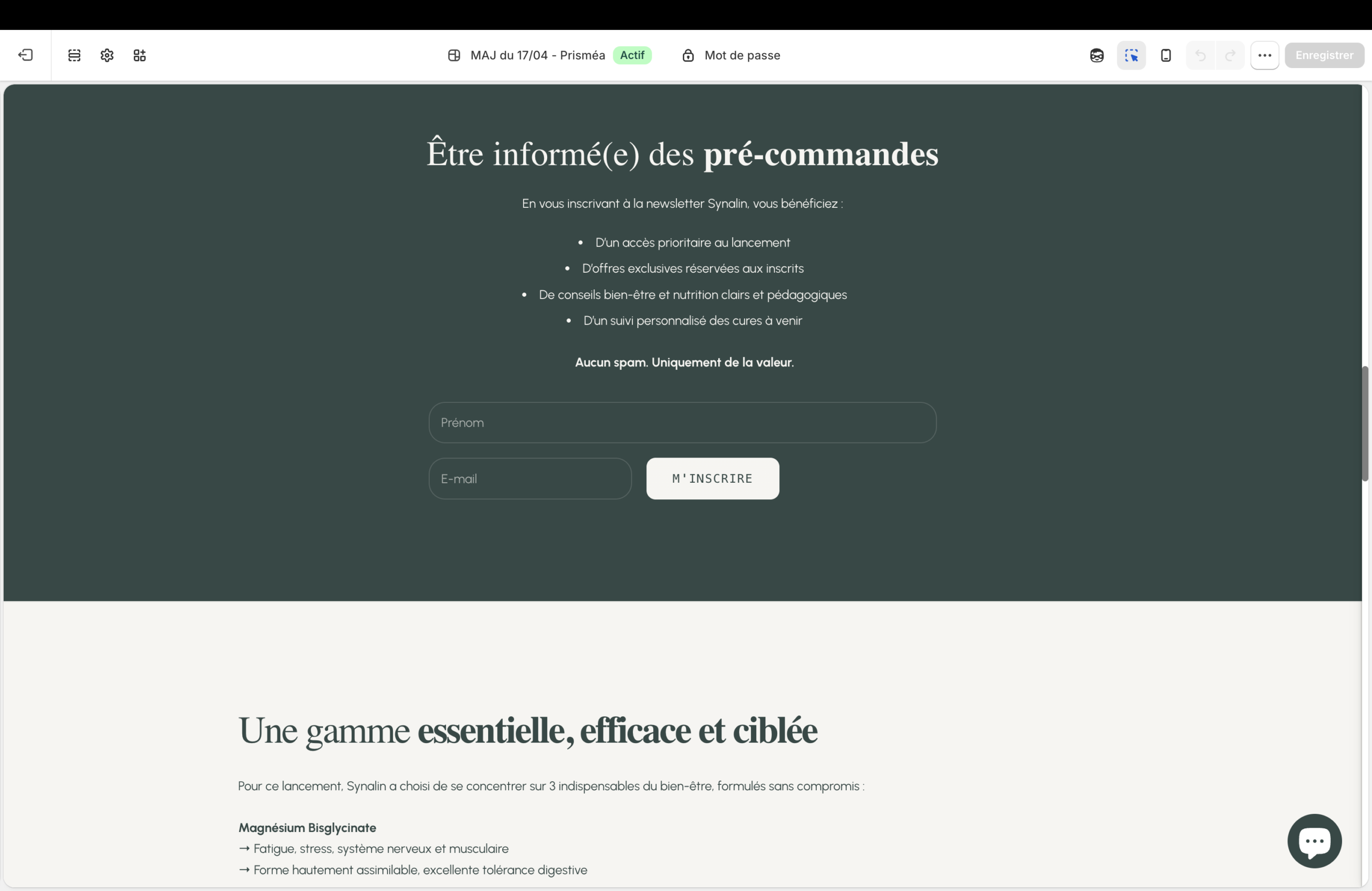 Page d'attente précommandes site internet shopify synalin.fr