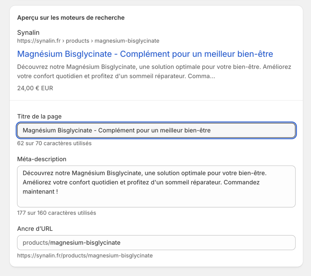 Fiche produit shopify synalin.fr
