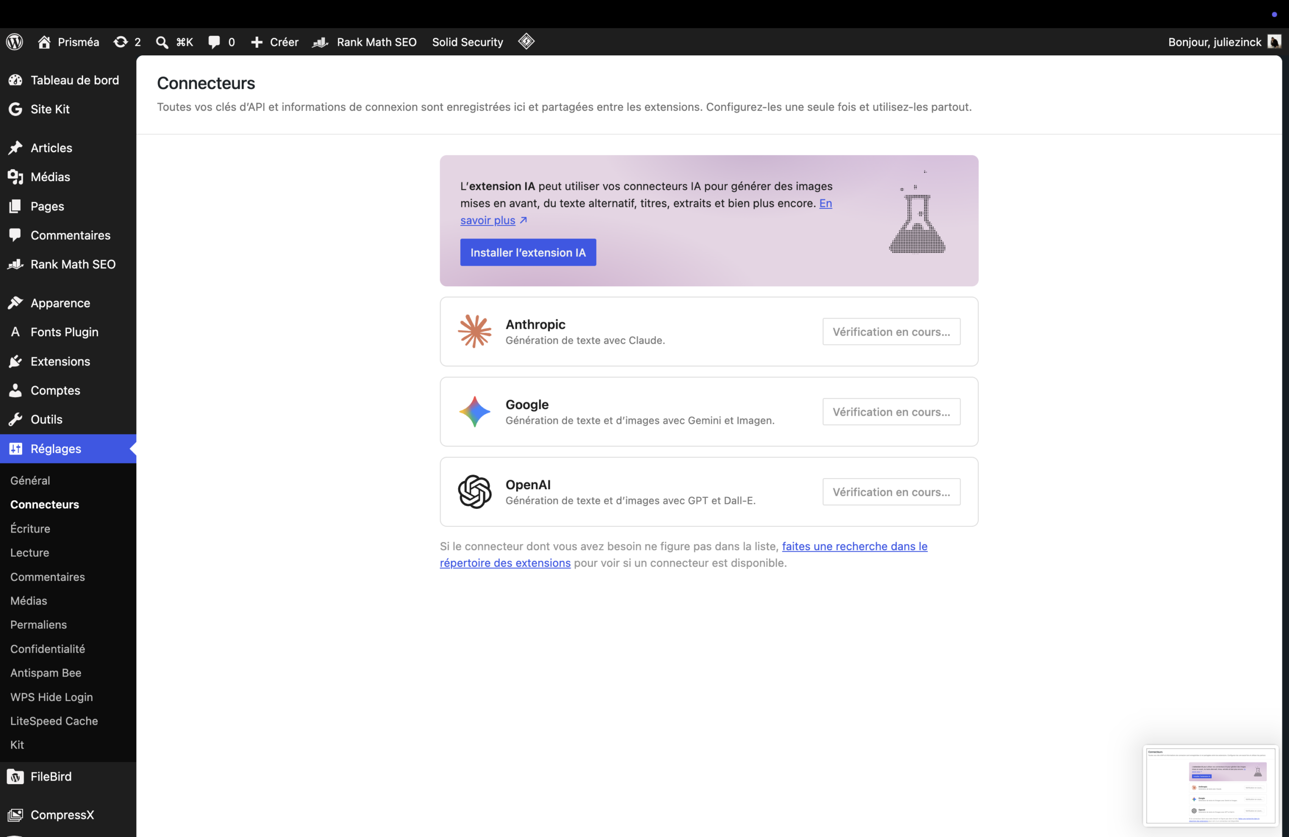 Connecteurs IA WordPress 7.0 OpenAI Claude Gemini réglages
