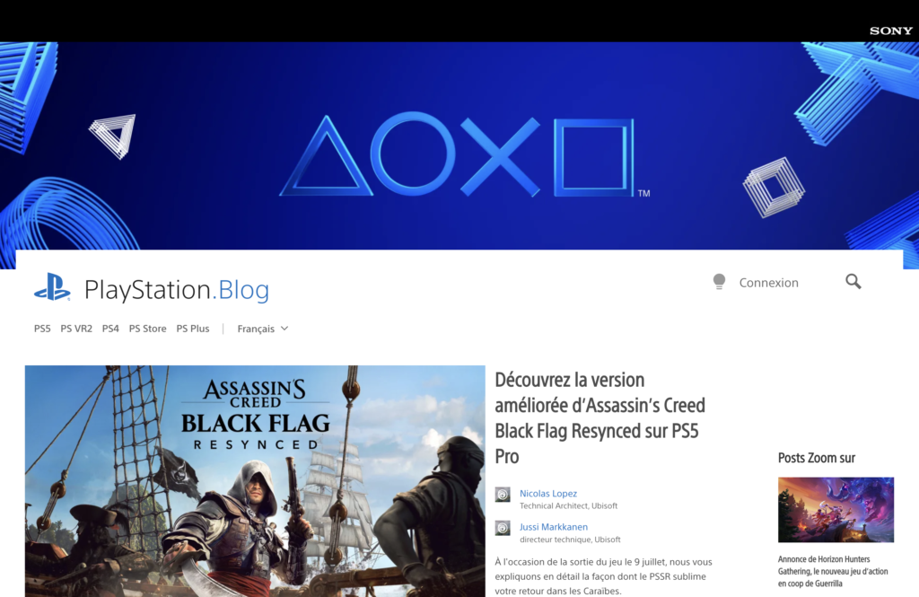 Capture d'écran du blog PlayStation, construit avec WordPress