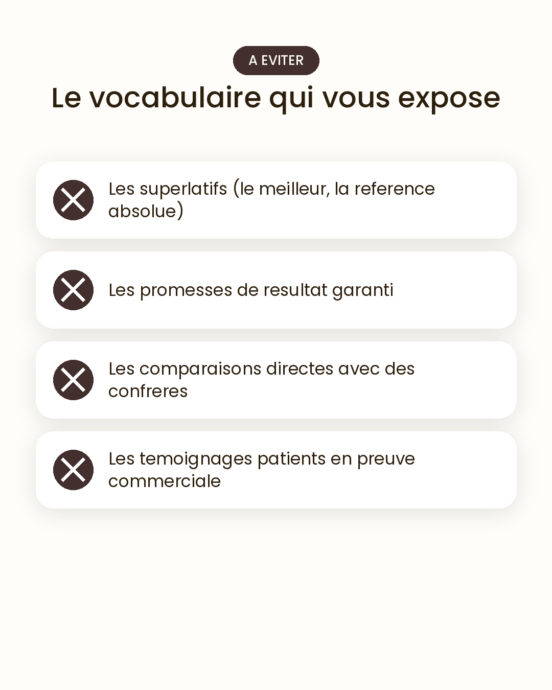 Liste du vocabulaire à éviter sur le site d'un praticien de santé