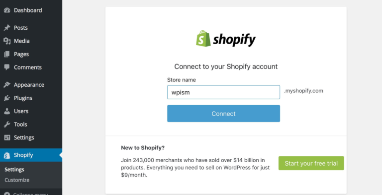 Interface plugin Shopify installé dans tableau de bord WordPress agence Prisméa