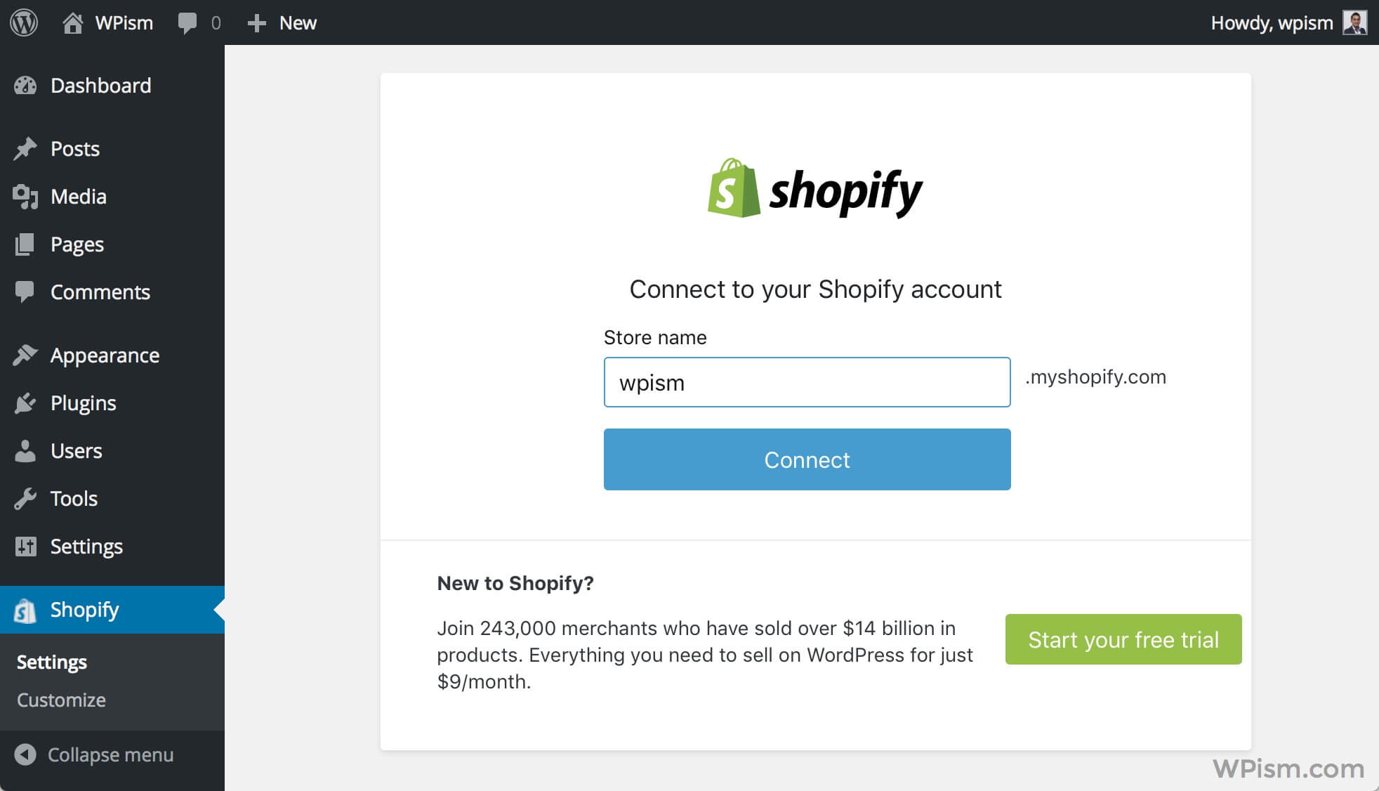 Interface plugin Shopify installé dans tableau de bord WordPress agence Prisméa
