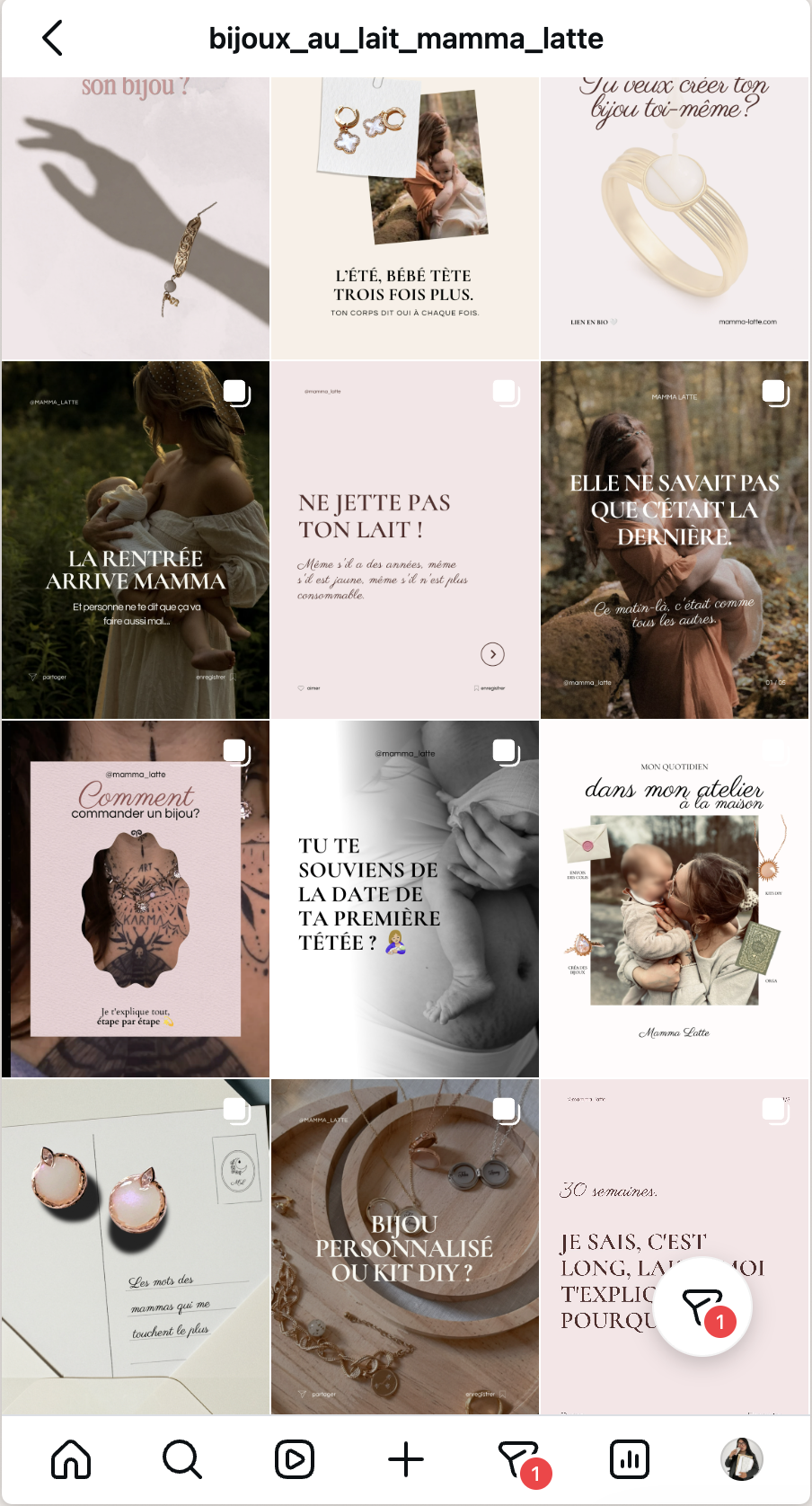 Feed Instagram de Mamma Latte, bijoux au lait maternel, créé par l’agence Prisméa