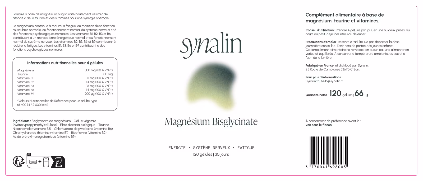 Étiquette Synalin Magnésium bisglycinate : énergie, système nerveux, fatigue