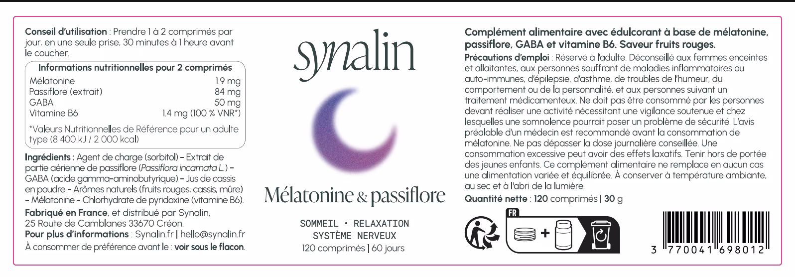Étiquette Synalin Mélatonine et passiflore : sommeil, relaxation, système nerveux