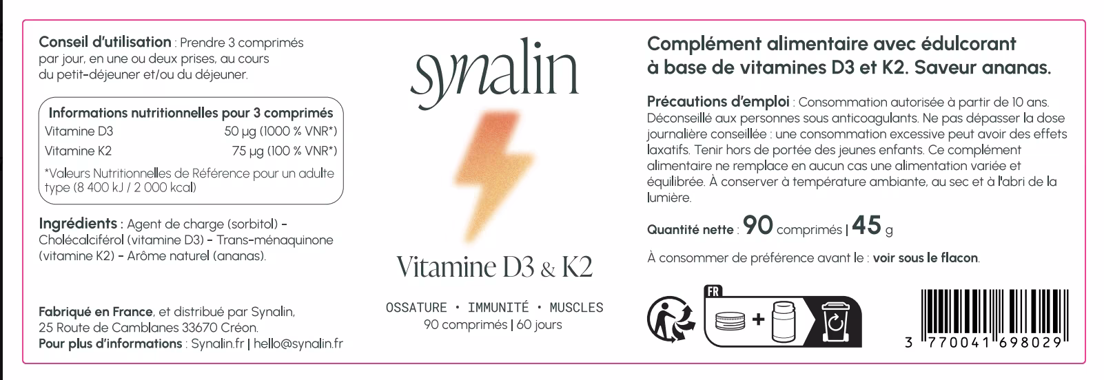 Étiquette Synalin Vitamine D3 et K2 : immunité, muscles
