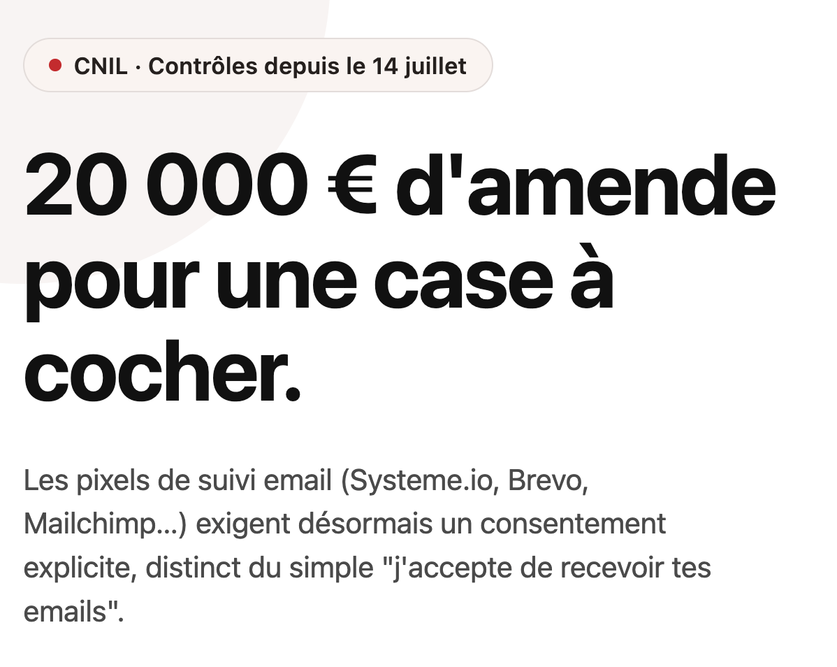 Case à cocher consentement pixel de suivi formulaire email