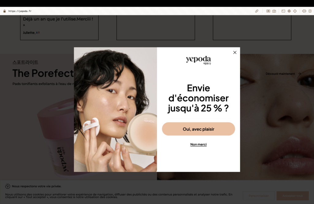 Popup de réduction jusqu'à 25 % sur le site Yepoda, capture avant refonte, analyse agence Prisméa