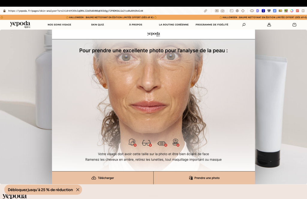 Page d'analyse de peau du site Yepoda avec la bulle de réduction, capture avant refonte, analyse agence Prisméa