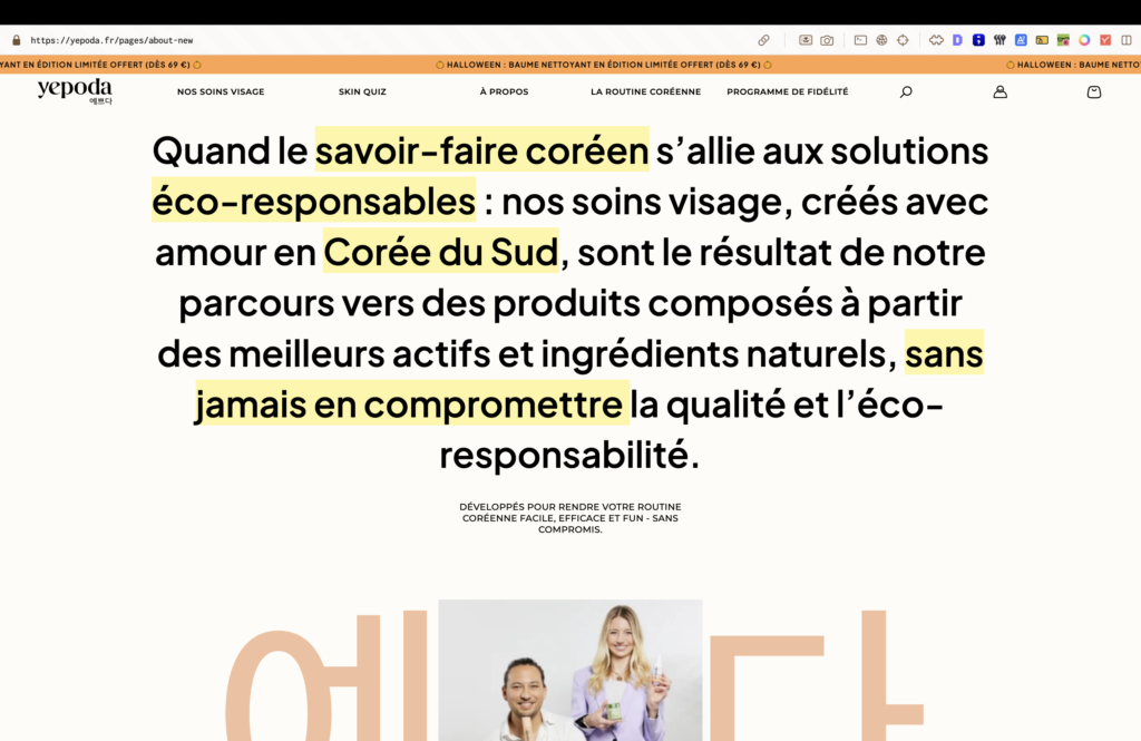 Histoire de la marque Yepoda sur son site, capture avant refonte, analyse agence Prisméa