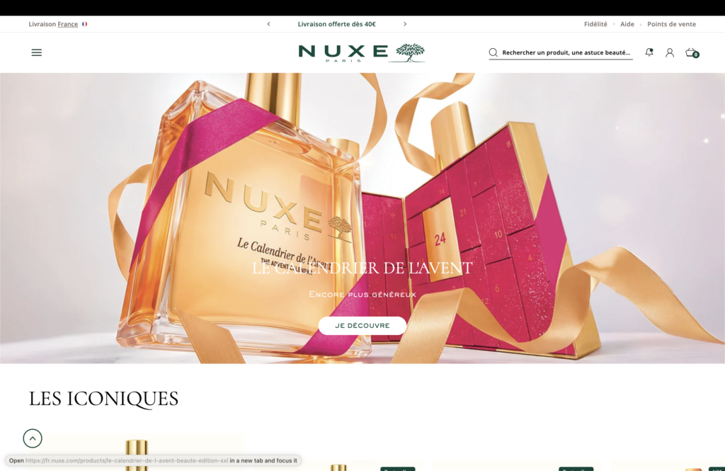 Calendrier de l'Avent en hero de la page d'accueil Nuxe, capture avant refonte, analyse agence Prisméa