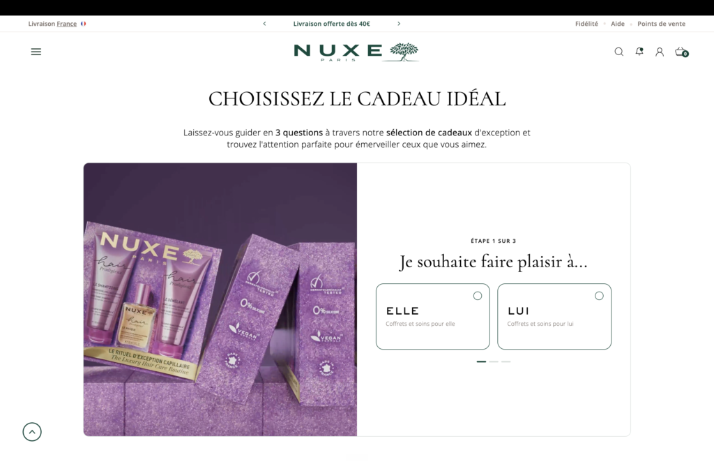 Gift Finder du site Nuxe pour choisir un cadeau, capture avant refonte, analyse agence Prisméa