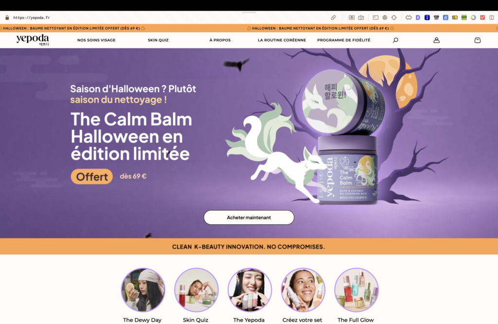 Hero Halloween de la page d'accueil Yepoda, capture avant refonte, analyse agence Prisméa