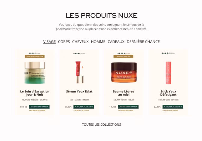 Maquette fictive de cartes produit Nuxe simplifiées, refonte agence Prisméa