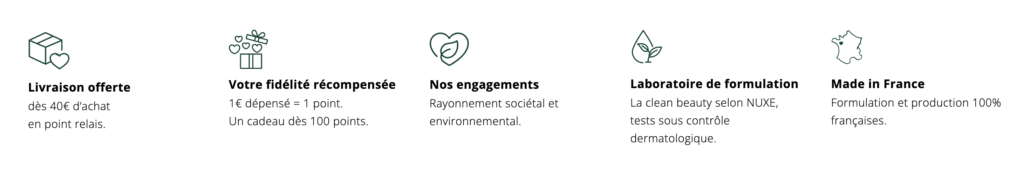Bandeau de réassurance avec la mention Made in France en bas du site Nuxe, capture avant refonte, analyse agence Prisméa