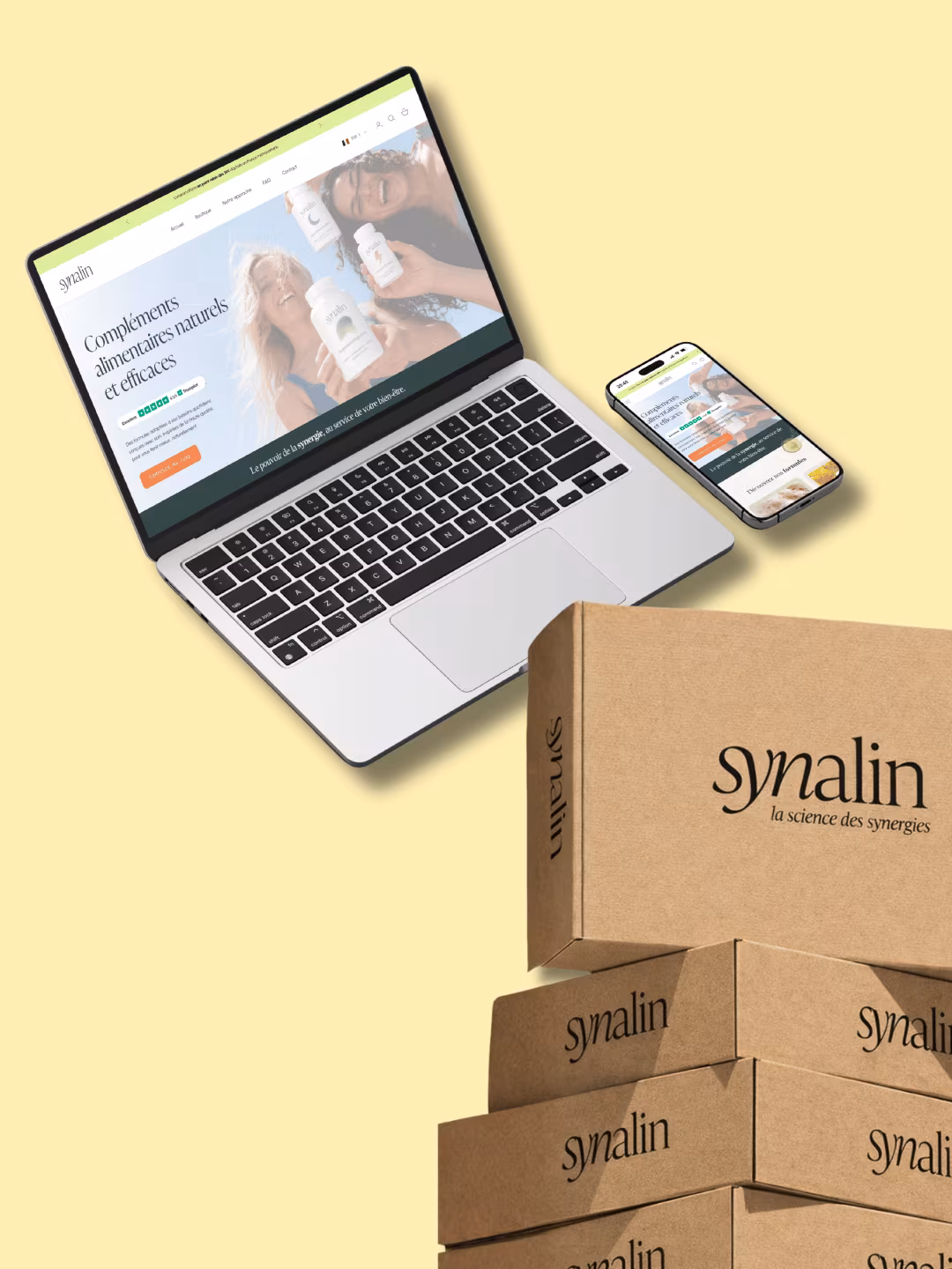 Packaging et boutique Shopify de la marque de compléments Synalin