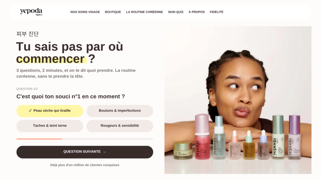 Maquette fictive de la section quiz Tu sais pas par où commencer sur la home Yepoda, refonte agence Prisméa