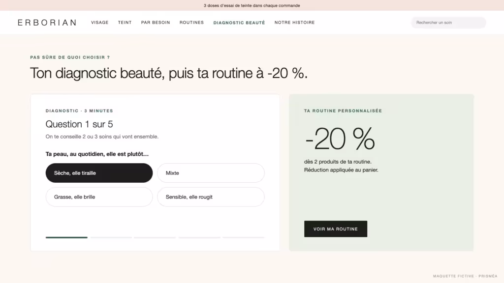 Maquette fictive du diagnostic beauté Erborian affiché sur la page d'accueil à côté de la routine à -20 %, refonte agence Prisméa