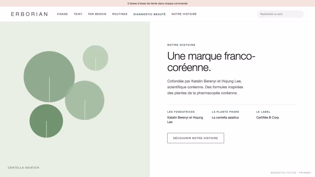 Maquette fictive d'un bloc histoire franco-coréenne sur la page d'accueil Erborian avec les fondatrices et la centella asiatica, refonte agence Prisméa