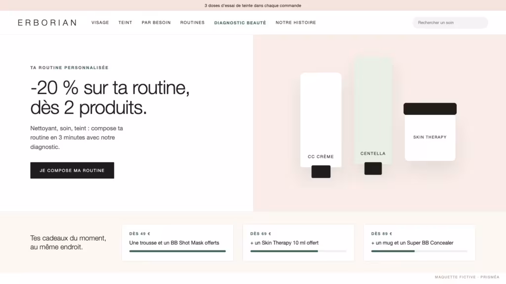 Maquette fictive du site e-commerce beauté Erborian avec la routine à -20 % en hero et les cadeaux à paliers regroupés dans un seul bandeau, refonte agence Prisméa